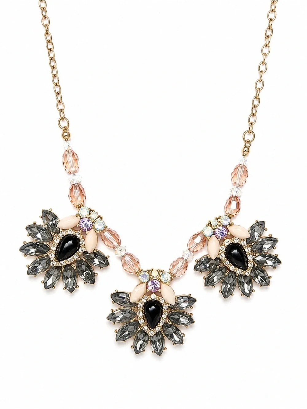 Vintage Style Blue Crystal Statement Bib Necklace Pink Beaded Floral Rhinestone